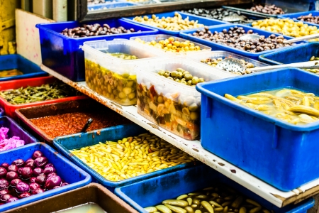 Assortment of olives on local market,Tel Aviv,Israel の写真素材