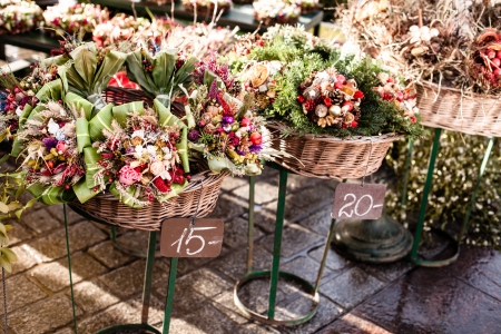 Colorful flowers in a flower shop on a marketの写真素材