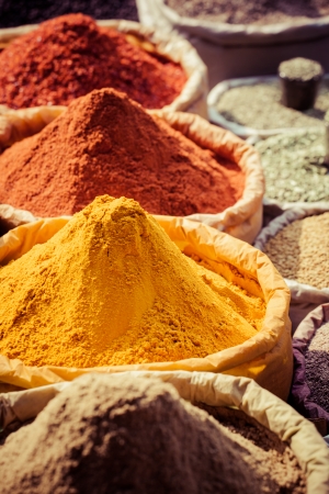 Indian colored spices at local market.の写真素材