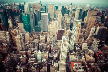 Aerial view of Manhattan skyline at sunset, New York City のeditorial素材