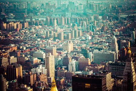 Aerial view of Manhattan skyline at sunset, New York City のeditorial素材