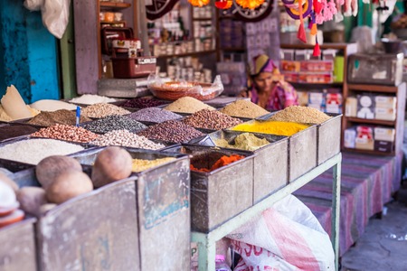 Traditional spices and dry fruits in local bazaar in India.の写真素材