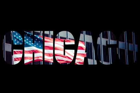 Word CHICAGO over famous places.の写真素材