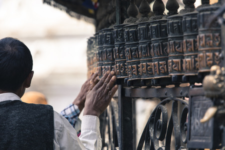 Prayer Wheels at Swayambhu, Kathmandu, Nepalの写真素材