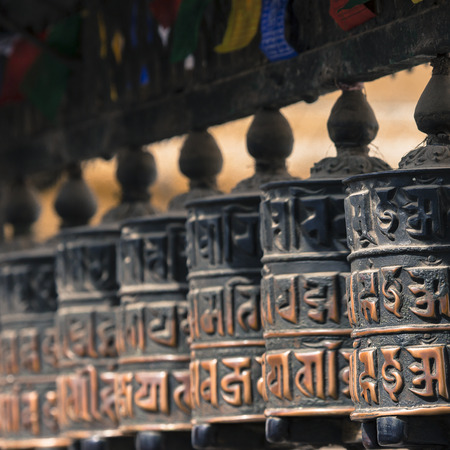 Buddhist prayer wheels, Kathmandu, Nepal.の写真素材