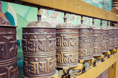 Buddhist prayer wheels, Kathmandu, Nepal.の写真素材
