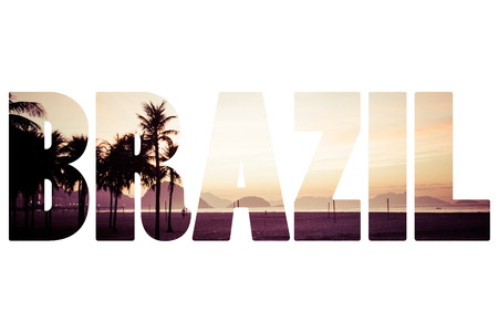 Word BRASIL View of Ipanema Beach in the eveningの写真素材