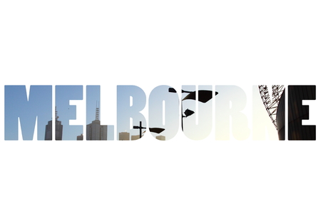 Word MELBOURNE over city symbols.の写真素材