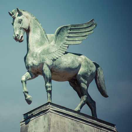 statue of pegasus on the roof of opera in poznan polandの写真素材