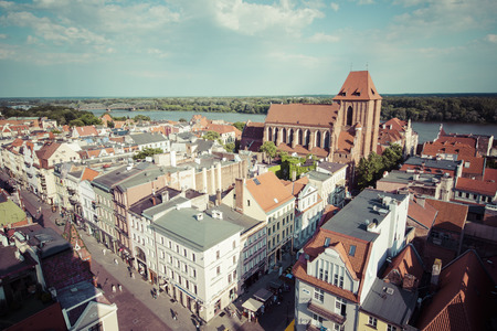 Poland - Torun, city divided by Vistula river between Pomerania and Kuyavia regions. Old town skyline - aerial view from town hall tower. The medieval old town is a UNESCO World Heritage Site.のeditorial素材