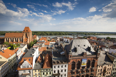 Poland - Torun, city divided by Vistula river between Pomerania and Kuyavia regions. Old town skyline - aerial view from town hall tower. The medieval old town is a UNESCO World Heritage Site.のeditorial素材