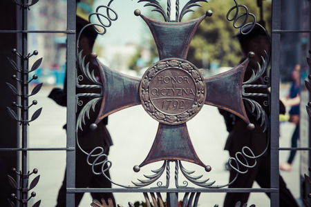 WARSAW, POLAND - JULY, 08: The Tomb of the Unknown Soldier at Pilsudski Square, on July 08, 2015. Tomb of the Unknown with eternal flame, since 1925.のeditorial素材