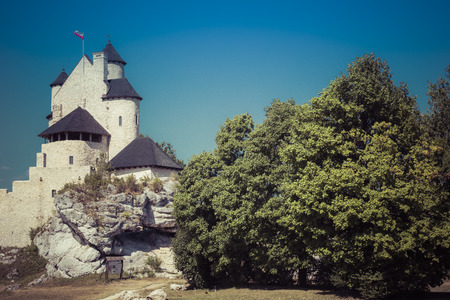 Beautiful medieval castle at sunny day over blue sky, Bobolice, Polandのeditorial素材