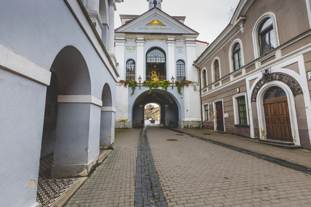 Ausros gate (gate of dawn) with basilica of Madonna Ostrobramska in Vilnius, Lithuania