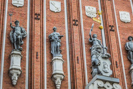 Sculptures on the facade of the House of Blackheads in Riga, Latvia.のeditorial素材