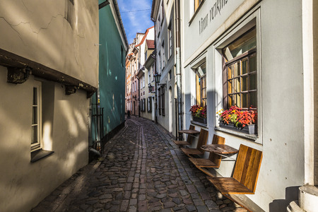 Narrow medieval street in old city of Riga, Latvia.のeditorial素材