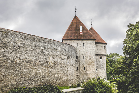 Ancient stone fortress walls with towers. Tallinn, Estoniaの写真素材