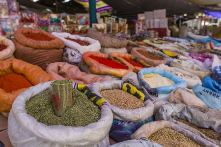 Beautiful vivid oriental market with bags full of various spices in Osh Kyrgyzstan.の写真素材