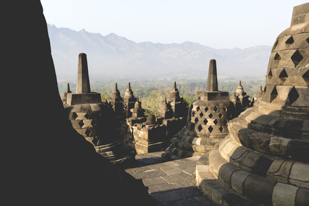 the biggest bhuddist temple Borobudur in Yogjakarta in Java, Indonesiaの写真素材
