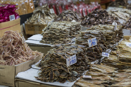 Dried seafood on sale in a thai street market in Bangkok, Thailandのeditorial素材