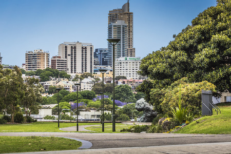 SYDNEY, AUSTRALIA - OCTOBER, 27: Shady park - a place for recreation for people. Sydney's Eastern Skyline taken from the Botanic Gardens October 27, 2015 in Sydney, Australia.のeditorial素材