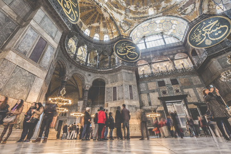 ISTANBUL, TURKEY - DECEMBER 13, 2015: The Hagia Sophia (also called Hagia Sofia or Ayasofya) interior architecture, famous Byzantine landmark and world wonder in Istanbul, Turkeyのeditorial素材