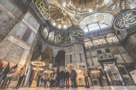 ISTANBUL, TURKEY - DECEMBER 13, 2015: The Hagia Sophia (also called Hagia Sofia or Ayasofya) interior architecture, famous Byzantine landmark and world wonder in Istanbul, Turkeyのeditorial素材