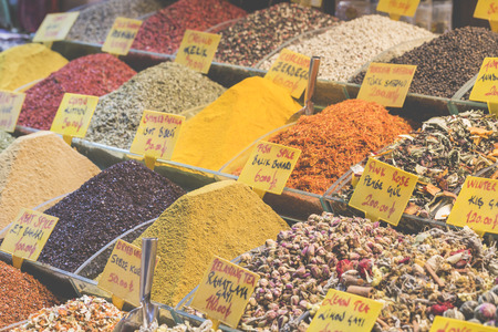 Colorful spices at spice bazaar in Istanbul, Turkeyの写真素材