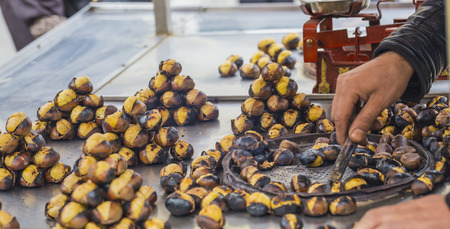 Delicious roasted chestnuts at Istanbul street.の写真素材
