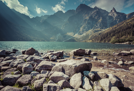 Green water mountain lake Morskie Oko, Tatra Mountains, Polandの写真素材