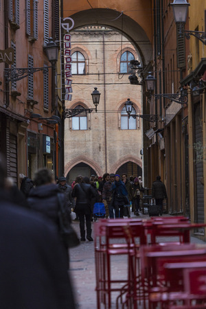 BOLOGNA, ITALY - 05 MARCH, 2016:General view of the downtown streets. Bologna is the largest city (and the capital) of the Emilia-Romagna Region in Italy.のeditorial素材