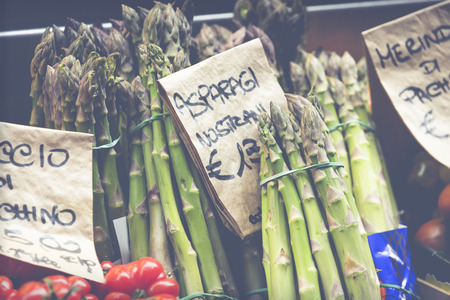 Green asparagus on mediterranean market stand, Bologna, Italy.のeditorial素材