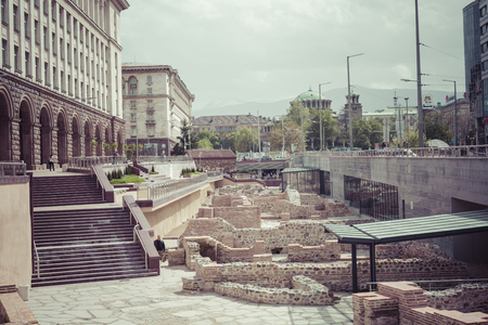 SOFIA, BULGARIA - APRIL  14, 2016: Archaeological excavation of the roman town Serdica in downtown of Sofiaのeditorial素材