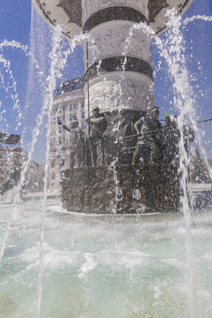 SKOPJE, MACEDONIA - APRIL 14, 2016:Statue of Alexander the Great on main square in downtown of Skopje, fountain detail.のeditorial素材