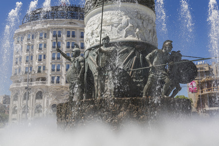 SKOPJE, MACEDONIA - APRIL 14, 2016:Statue of Alexander the Great on main square in downtown of Skopje, fountain detail.のeditorial素材