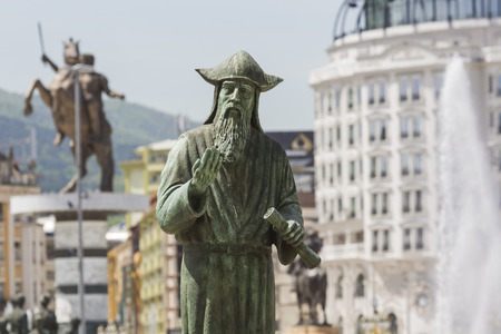 SKOPJE, MACEDONIA - APRIL 14, 2016:Statue of Alexander the Great on main square in downtown of Skopje, fountain detail.のeditorial素材