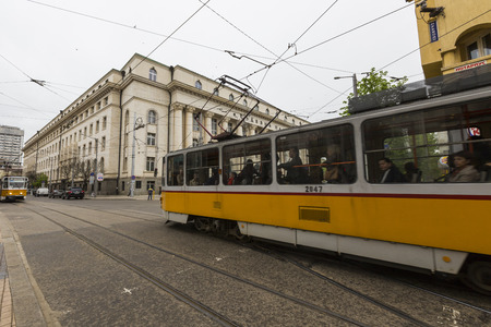SOFIA, BULGARIA - APRIL 14, 2016 : Tranway and street scene of downtown city of Sofia, the capital of Bulgaria. In Sofia.のeditorial素材