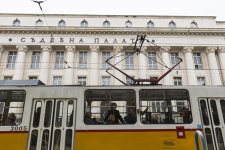SOFIA, BULGARIA - APRIL 14, 2016 : Tranway and street scene of downtown city of Sofia, the capital of Bulgaria. In Sofia.のeditorial素材