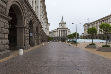 SOFIA, BULGARIA - APRIL 14: An architectural ensemble of three Socialist Classicism edifices in central Sofia, the capital of Bulgaria April 14, 2016のeditorial素材