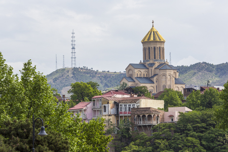 TBILISI, GEORGIA - MAY 07, 2016: View of the Holy Trinity Cathedral Tsminda Sameba in Tbilisi, Georgia.のeditorial素材