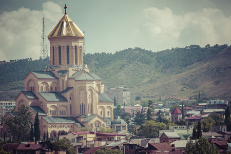 TBILISI, GEORGIA - MAY 07, 2016: View of the Holy Trinity Cathedral Tsminda Sameba in Tbilisi, Georgia.のeditorial素材