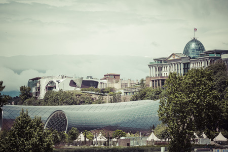 TBILISI, GEORGIA - MAY 07, 2016: Theater of Music and Drama, Exhibition Hall and Presidential Palace are the Modern Tbilisi, located in Rike Park, Georgiaのeditorial素材