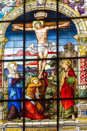 STOCKHOLM, SWEDEN - MAY 21, 2016: Stained glass window in the German Church in Stockholm Sweden, depicting the Ascension of Christ.のeditorial素材