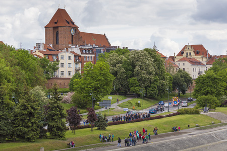 TORUN, POLAND - MAY 18, 2016: Torun in Poland, Old Town skyline, fortified medieval city, river view.のeditorial素材