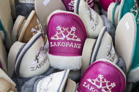 Traditional polish leather slipper on market in Zakopane, Poland.