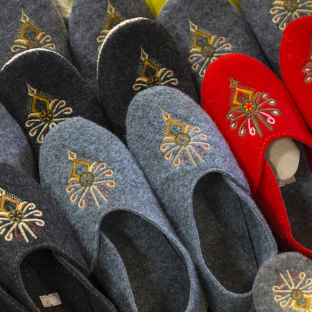 Traditional polish leather slipper on market in Zakopane, Poland.