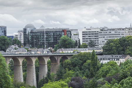 LUXEMBOURG CITY - LUXEMBOURG - JULY 01, 2016: Modern part of Luxembourg city in a cloudy day.のeditorial素材