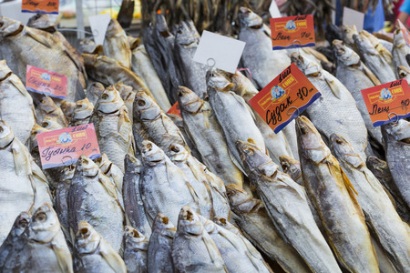 Dried salted fish at a farmers market in Odessa, Ukraine.
