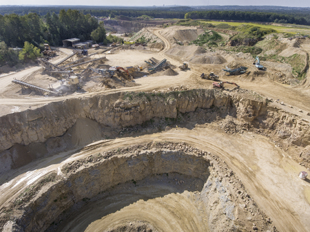 Mining quarry with special equipment, open pit excavation. Sand mine. View from above.