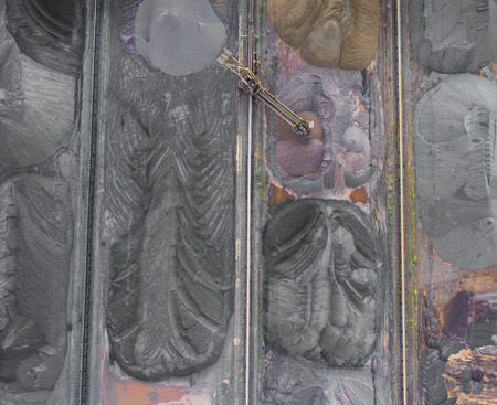 The surface mine storage place, mining minerals and brown coal in diferent colours. View from above. Industrial background.の写真素材